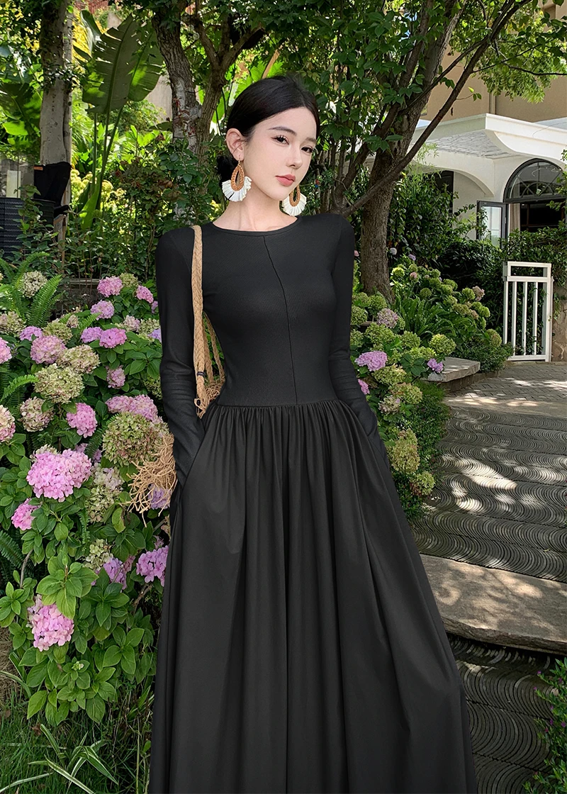 Vestidos largos informales de retazos para mujer, cuello redondo, mangas largas, corte en A, otoño primavera, moda coreana, vestidos de una pieza para mujer, nuevos