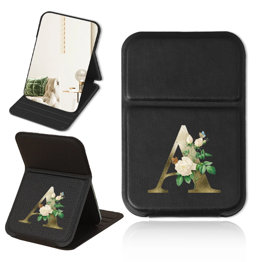 Women Pu Cosmetic Mirror Desktop Makeup Mirror Adjustable And Portable Folding Cosmetic Tool Golden Flower Letter Pattern