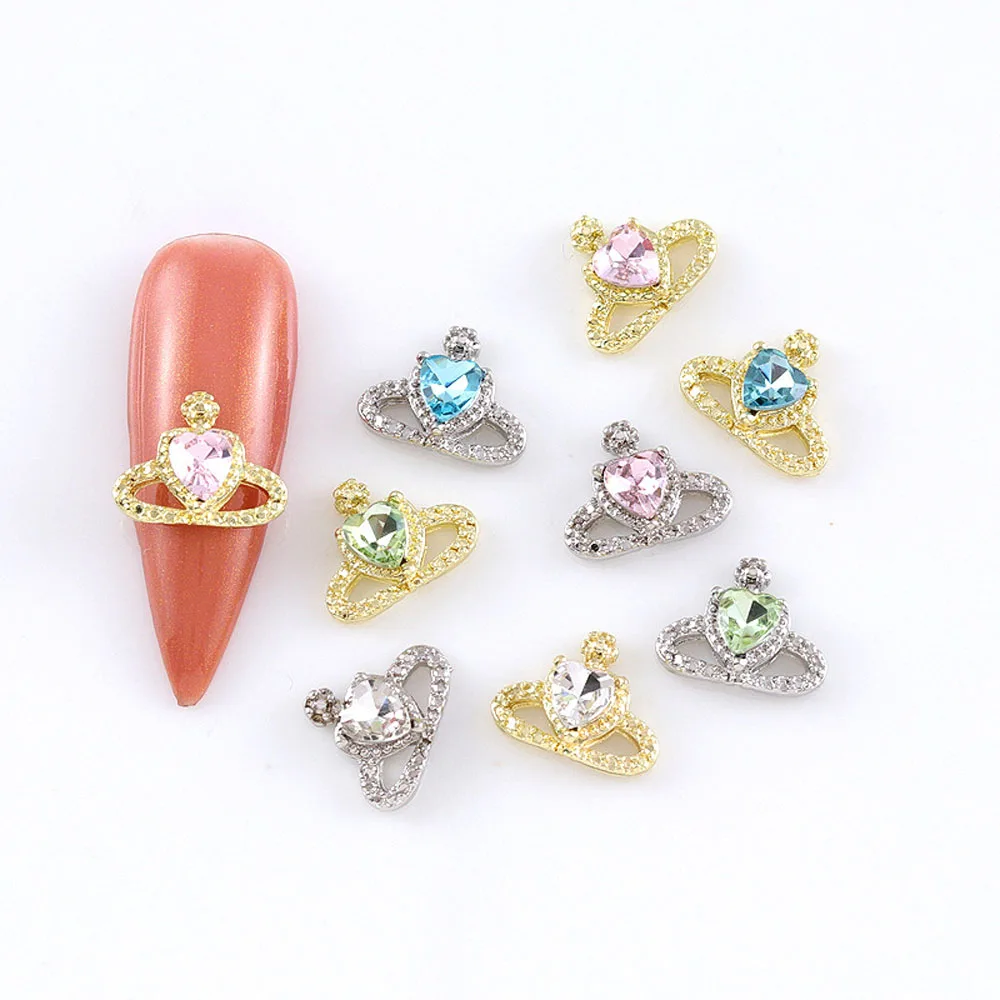10Pcs/lot 3D Alloy Planet Nail Art Charms Colorful Gold/Silver Metal Rhinestone 11*9mm Heart Saturn Decorations DIY Nail Parts