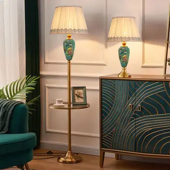 Retro Nordic Floral Ceramic Floor Lamp with Tray & LED Light 1