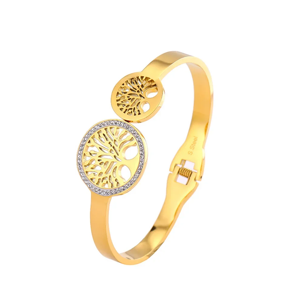 Luxury Tree Of Life Open Cuff Bangles Stainless Steel Gold Plated Spring Buckle Bracelet Non-Fading Jewelry Wrist Accessories 6