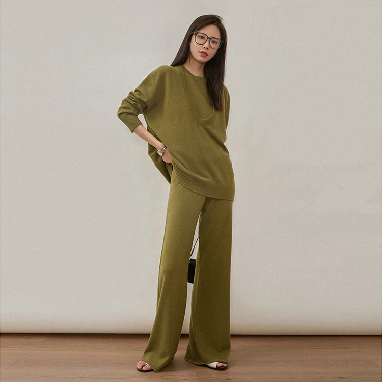 

New 2023 Olive green women Knitted Pullover + wide leg Sweater pants Jumper Tops two pieces outfit