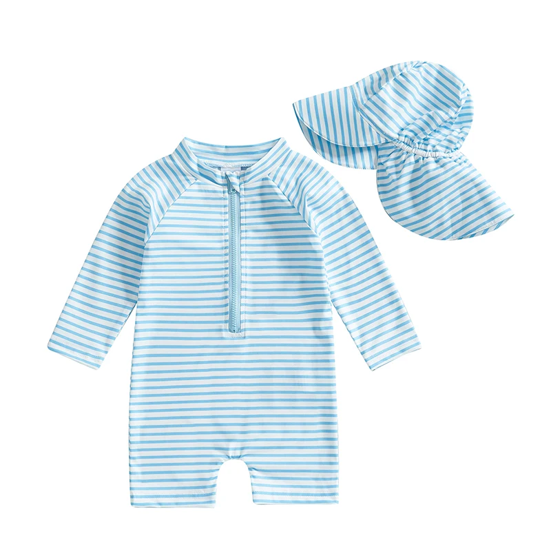 Toddler Boys Girls Rash Guard Swimsuit with Hat 2 Pcs Set Striped Pattern Zip Up Long Sleeve Crew Neck Baby Swimwears