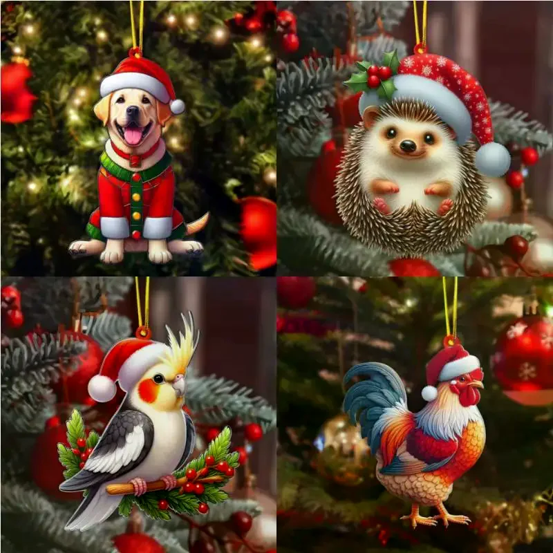 2D Christmas Tree Pendant 2D Flat Acrylic Xmas Tree Hanging Ornaments Cartoon Home Decor New Year Christmas Gifts