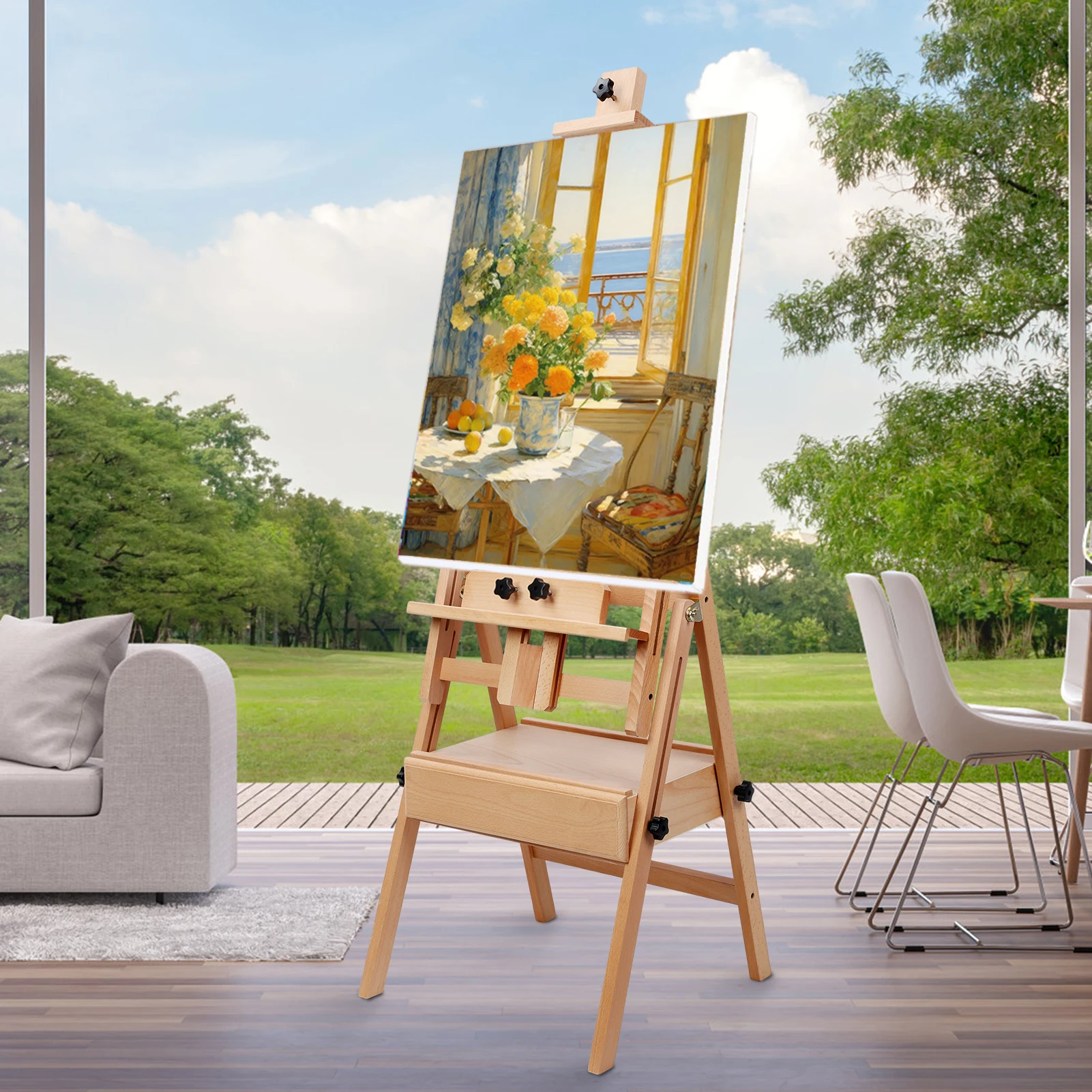 H Frame Easel, French Easel with Casters, Solid Beech Wood Easel, Painting Canvas Holder Stand, Tilts Flat Artist Height
