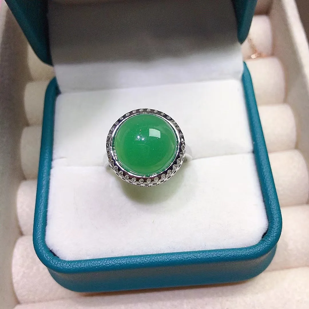 

10mm round chalcedony ring 4ct 100% natural green chalcedony silver ring for party 18K gold plating 925 silver gemstone jewelry