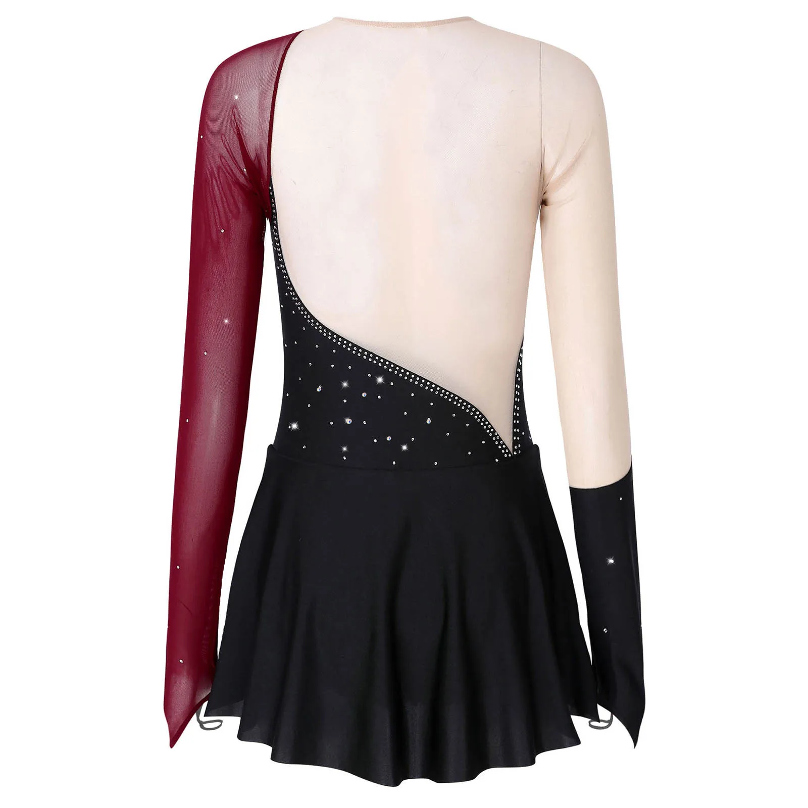 Women Figure Skating Dress Mock Neck Rhinestone Leotard Gymnastics Tulle Dress Ballet Dance Bodysuit Show Costume