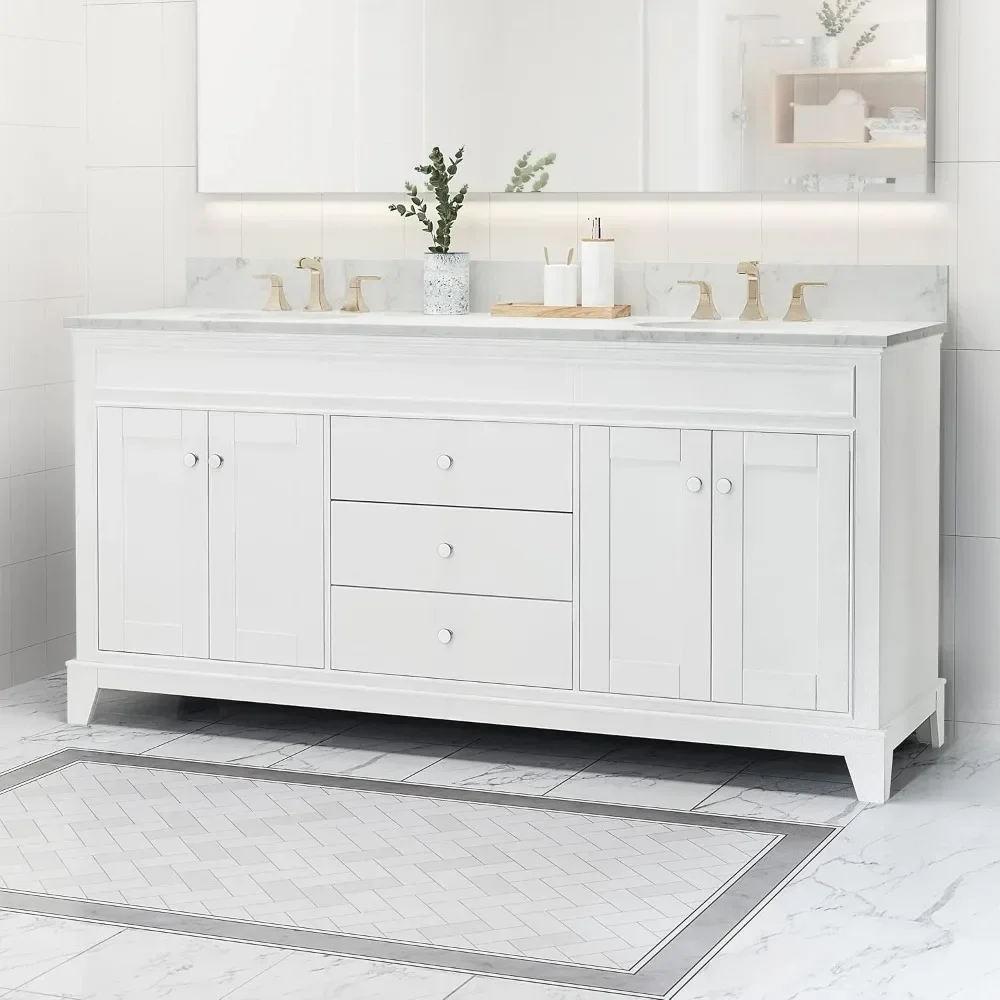 61" Double Sink Bathroom Vanity with Marble Top, Solid Wood Bathroom Vanity with 3 Drawers and 4 Doors, Vanities