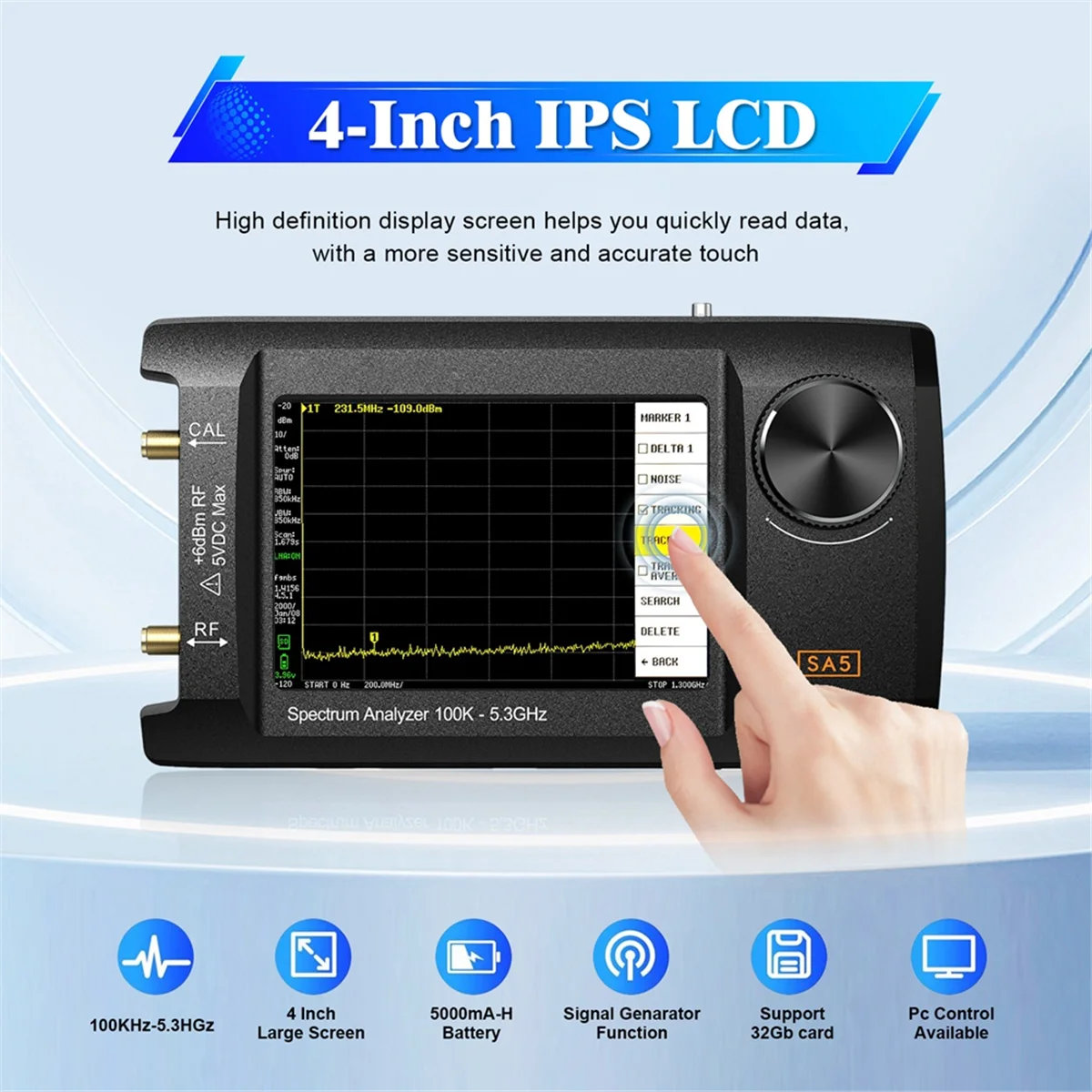ABKO-Newest 4in IPS LCD SA5 Spectrum Analyzer Handheld Spectrum Anslyzer 100k-5.3GHz Signal Generator with 32GB Card Version