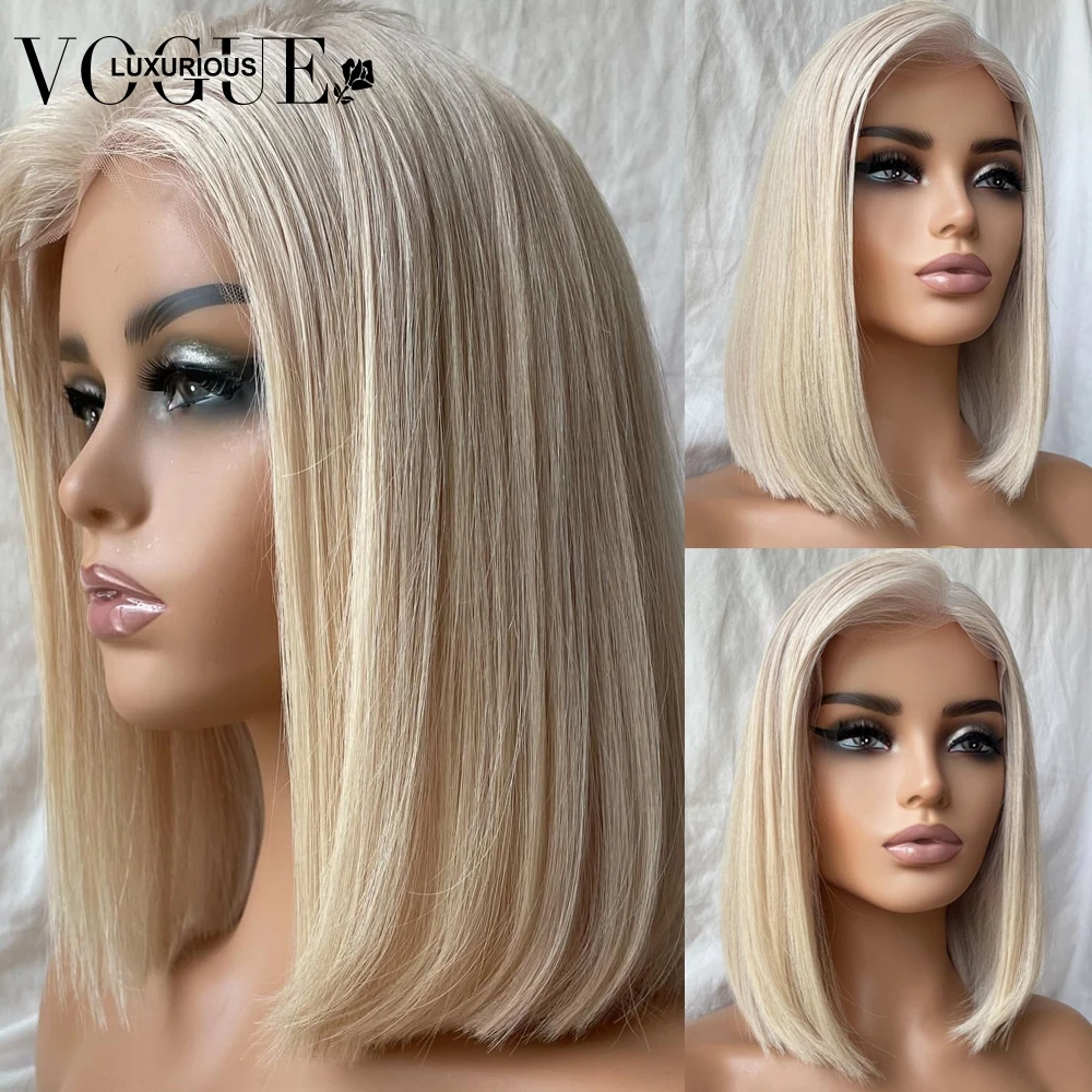 

60 Light Blonde Color 13x4 Lace Front Bob Wigs Preplucked Brazilian Virgin Human Hair Mint Green Grey 613 Colored Wig for Women