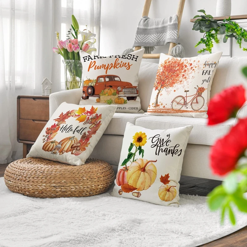 

Thanksgiving Day Pillowcase Pumpkin& Letter Print Linen Pillow Covers Fall Couch Cushion Case Home Textile