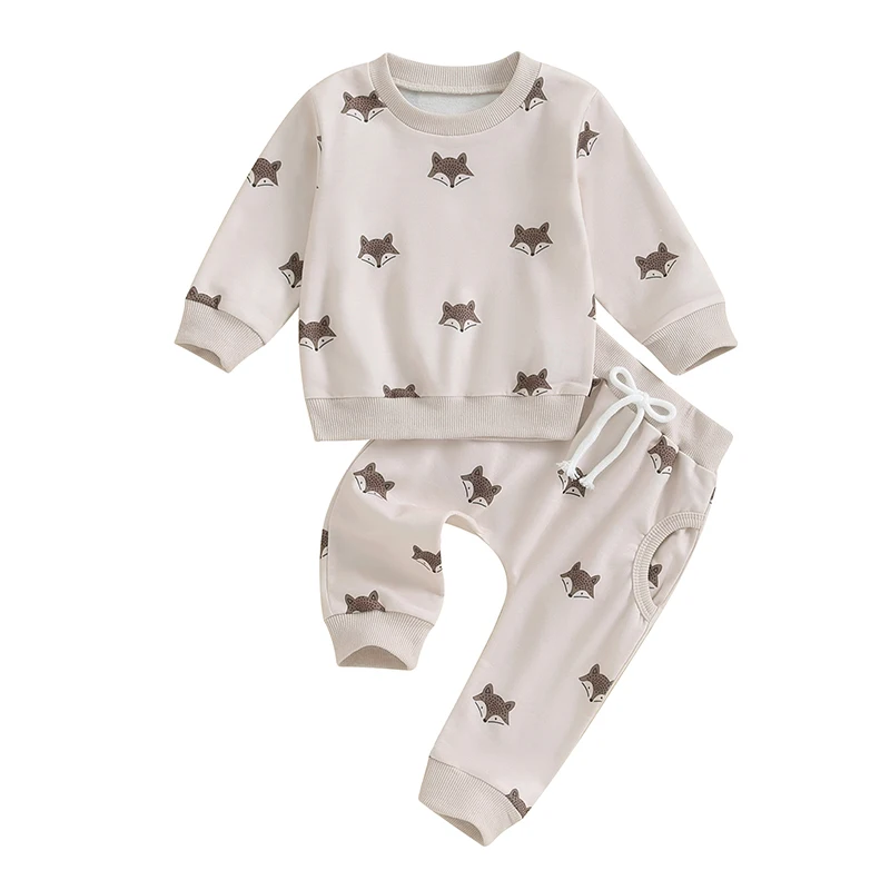 

Boys Girls Fall Outfits Fox Print Crew Neck Long Sleeve Sweatshirts Elastic Waist Pants 2Pcs Set Toddler