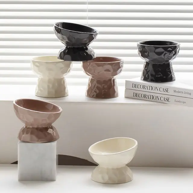 Ceramic Cat Bowl Creative Slanted/Flat Mouth Dog Food Feeding Basin Non-slip Multi-use Pet High Foot Bowl Water Container