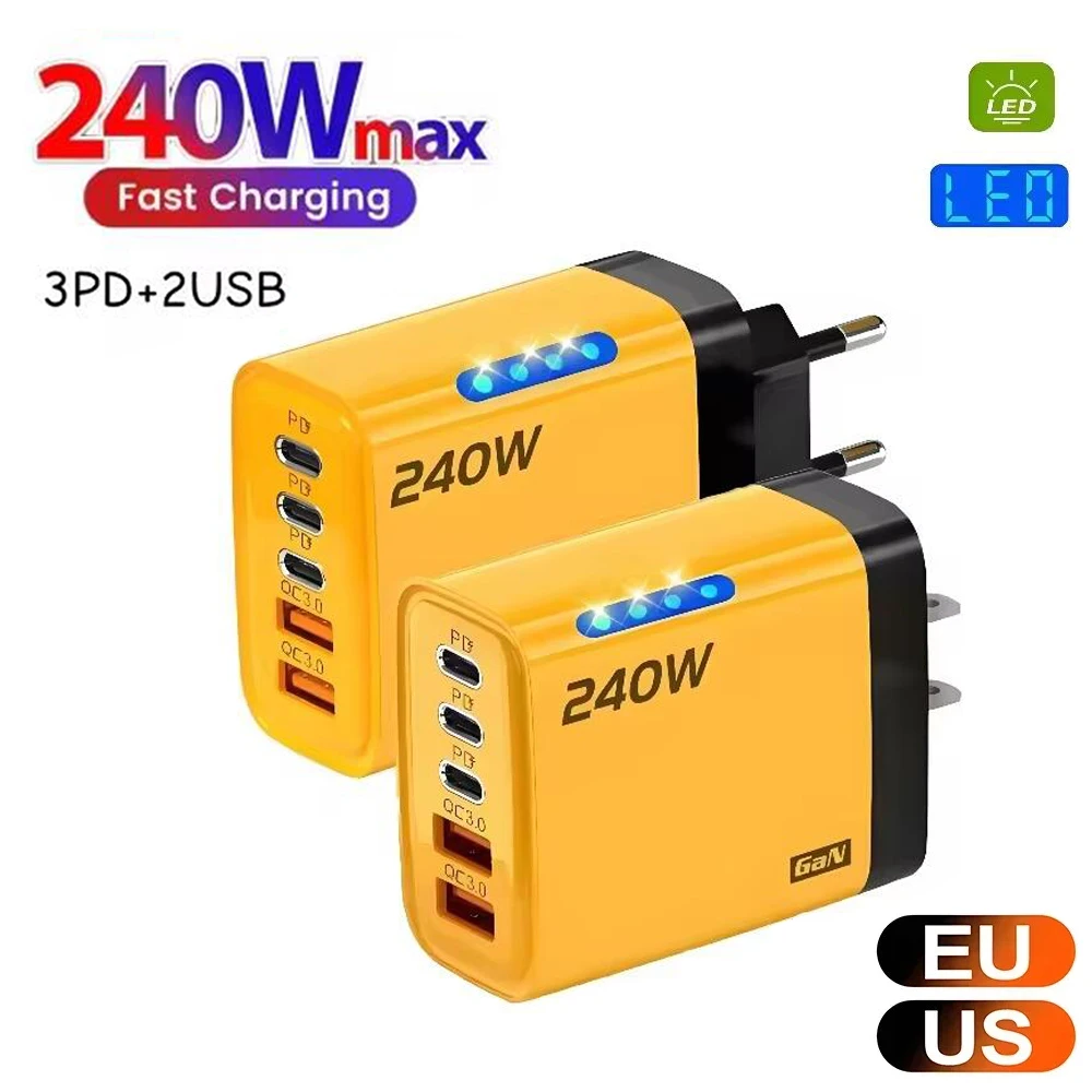 5 Ports 240W USB C Charger Quick Charge3.0 Type C PD Phone Charger For iPhone Samsung Xiaomi EU/US Plug Fast Charge Wall Charger