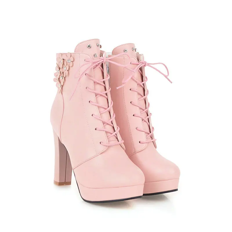 Women Ankle Boots Autumn Winter Round Toe Lace Up Chunky High Heel Shoes Platform Knight Short Boots Side Zipper Size 33-43