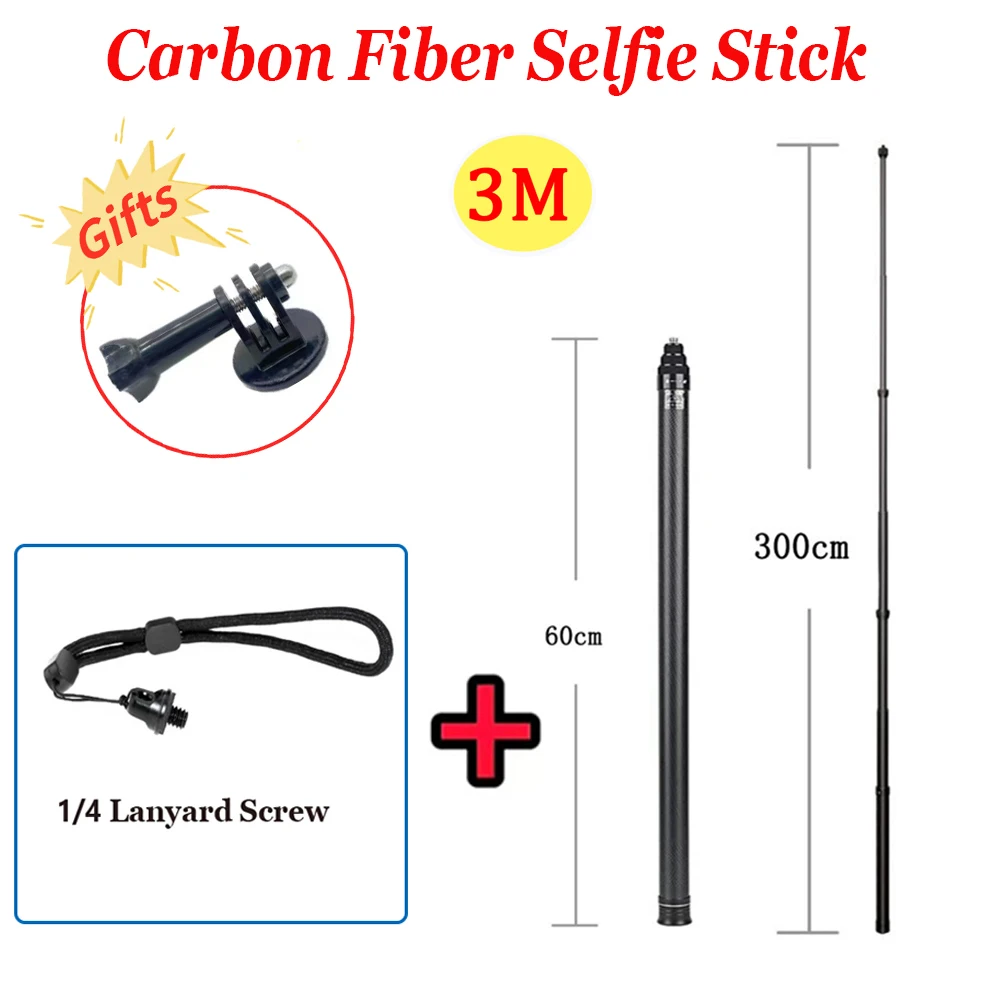 

3M Carbon Fiber Selfie Stick Monopod Extendable With 1/4 Screw For GoPro Hero 11 mini Insta360 X3 DJI Osmo Action 4 Sport Camera