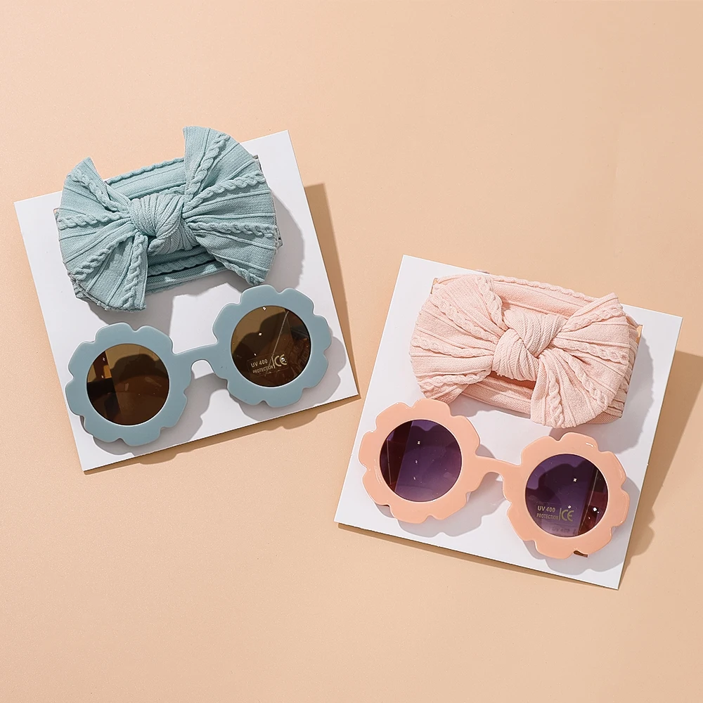 

2Pcs/Set Sunflower Sunshade Glasses And Soft Nylon Elastic Headbands Sets For Baby Girls Headwear Children Hair Accessories