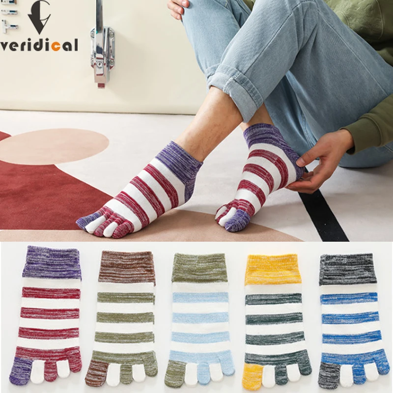 

5 Pairs Man Boat Socks 5 Finger Cotton Striped Colorful Fashions Vintage Sweat-Absorbing Vibrant Skateboard happy fun Toe Socks