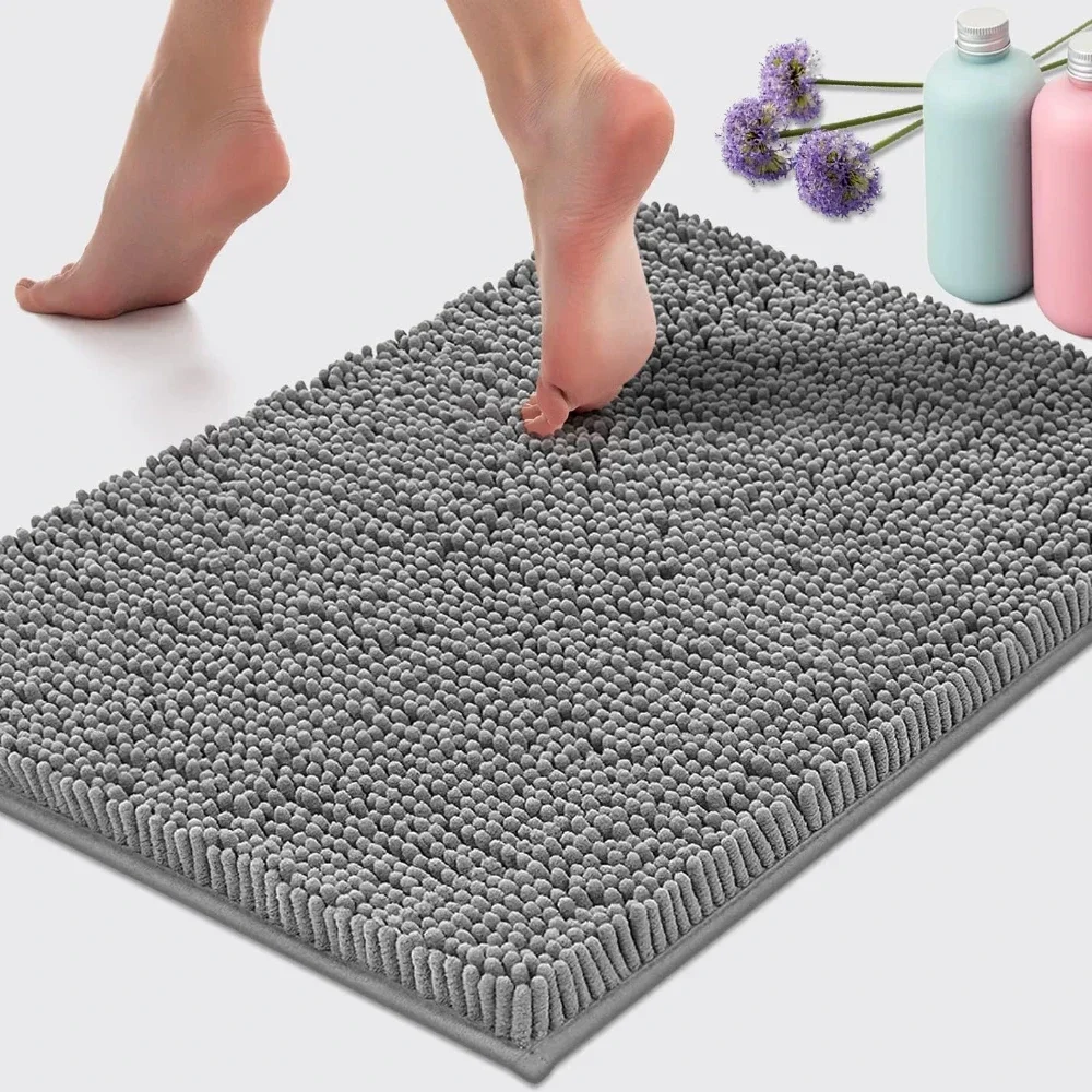Yimobra Bathroom Rugs Non Slip Washable - Ultra Soft Absorbent Chenille Bath Mat, Quick Dry Shaggy Floor Carpet For Tub Shower, Gray Home Decor Accessories, 24x17 Inch