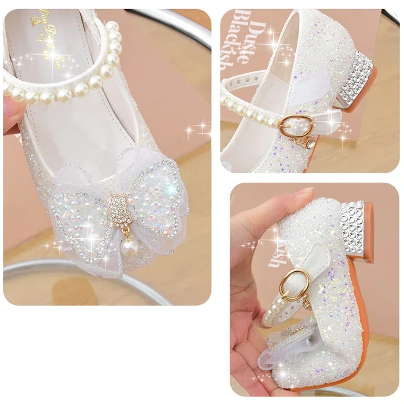 Princess Butterfly Leather Shoes Kids Diamond Bowknot High Heel Children Girl Dance Glitter Shoes Fashion Girls Party Dance Shoe