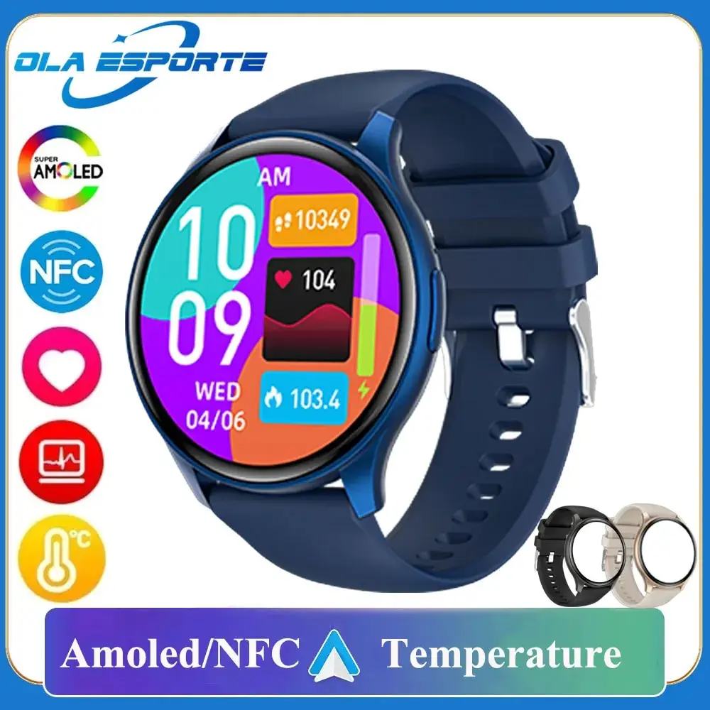 NFC AMOLED 스마트 워치 남녀공용 온도계, BT 무선 통화 음성 도우미, GPS 스포츠 피트니스 스마트 워치, 안드로이드 IOS용, 신제품
