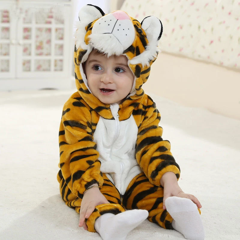 

Infant Baby Rompers Clothes 0-4Y Toddler Boy Girl Newborn Cartoon Tiger Onesie Zipper Flannel Warm Baby Kawaii Cute Costume