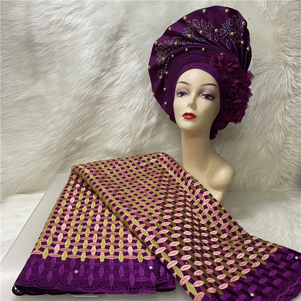 

5yard Purple African Cotton Lace Fabirc 2022 High Quality Swiss Voile Embroiderey Lace with Stone with Auto Gele Headite Z1120-3