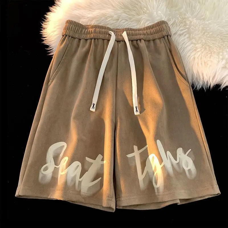 Fashion Elastic Lace Up Pockets Printed Letter Casual Shorts Men's Clothing 2024 Summer New Loose Young Style High Waist Shorts