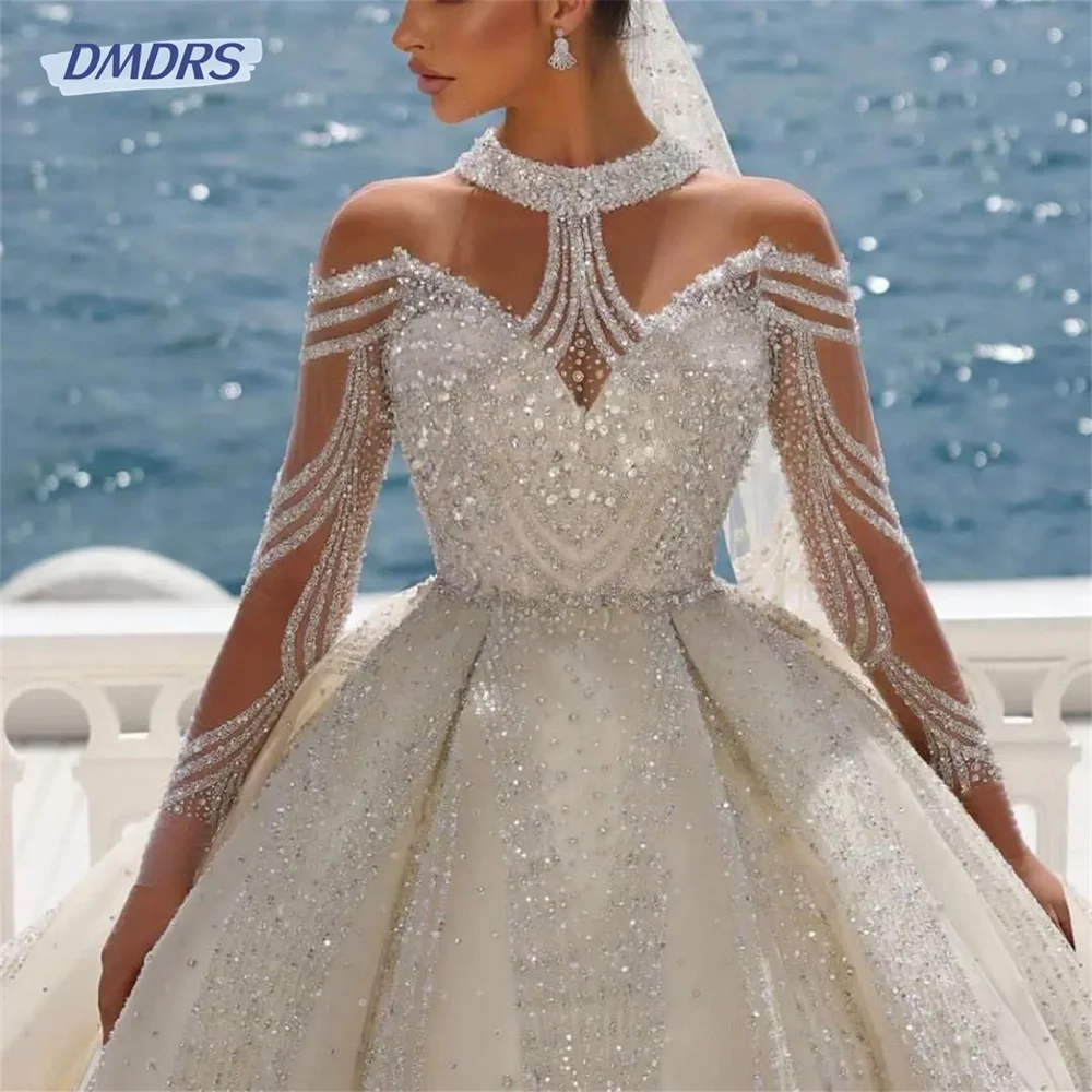 Charming Beaded Wedding Dress 2024 Elegant Off Shoulder Ball Gown Luxurious Long Sleeve Wedding Gown Dreamy Robe De Mariee