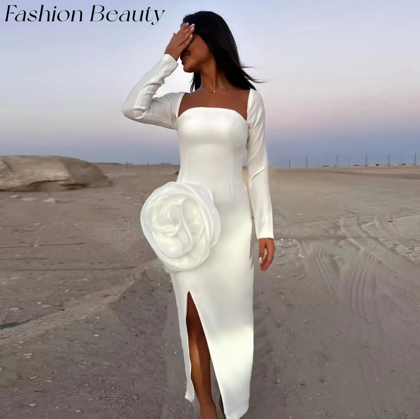 

Fashion Beauty White Evening Dresses Square Neck Flower Slit Party Cocktail Dress For Women 2024 robes de soirée فساتين السهرة