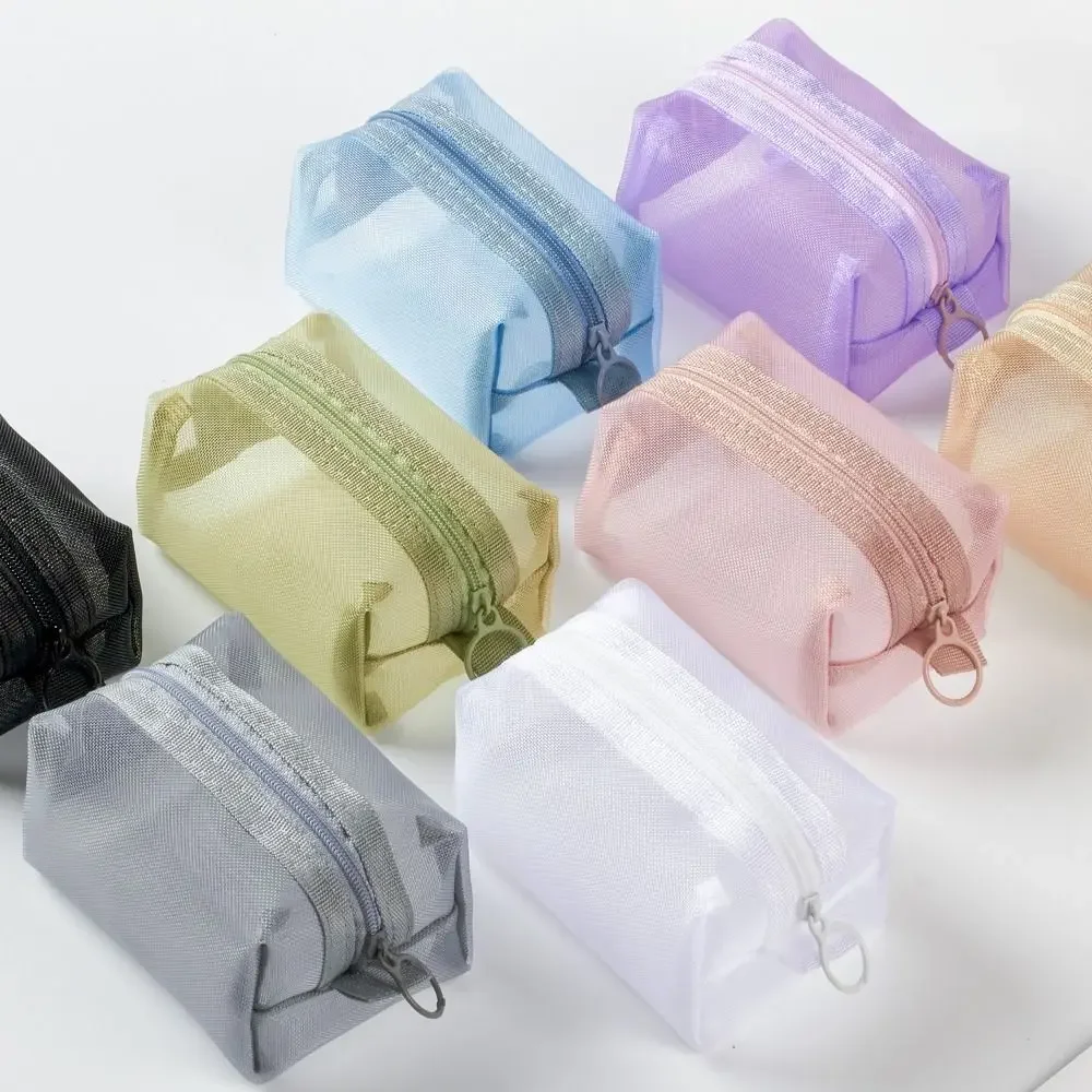 Mini Clear Nylon Mesh Cosmetic Bags Cute Women Small Lipstick Makeup Bags Pouch Data Line Key Earphone Organizer Case