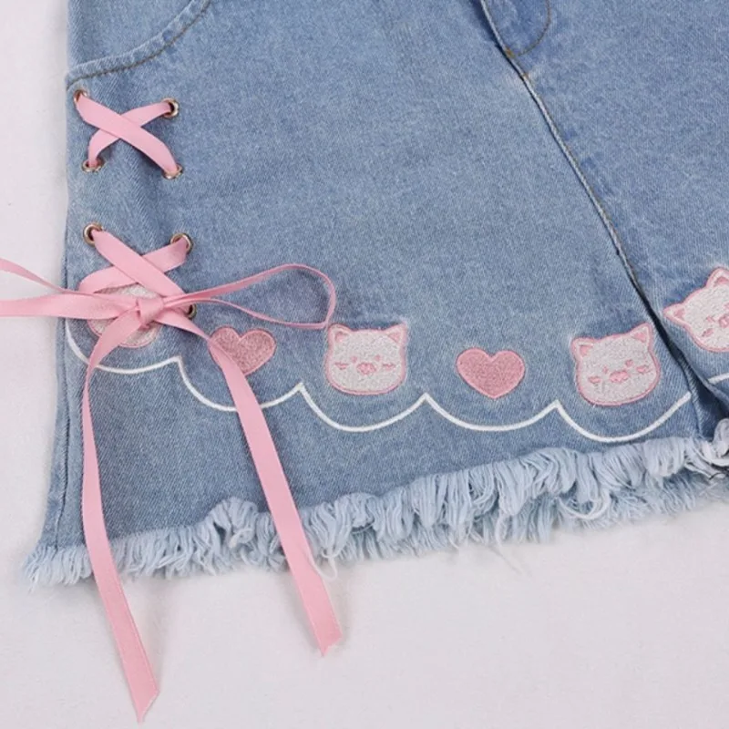Women Summer New Sweet High Waist Button Zipper Pocket Bow Bandage Cartoon Printed Loose Versatile Tassel Wide Leg Denim Shorts