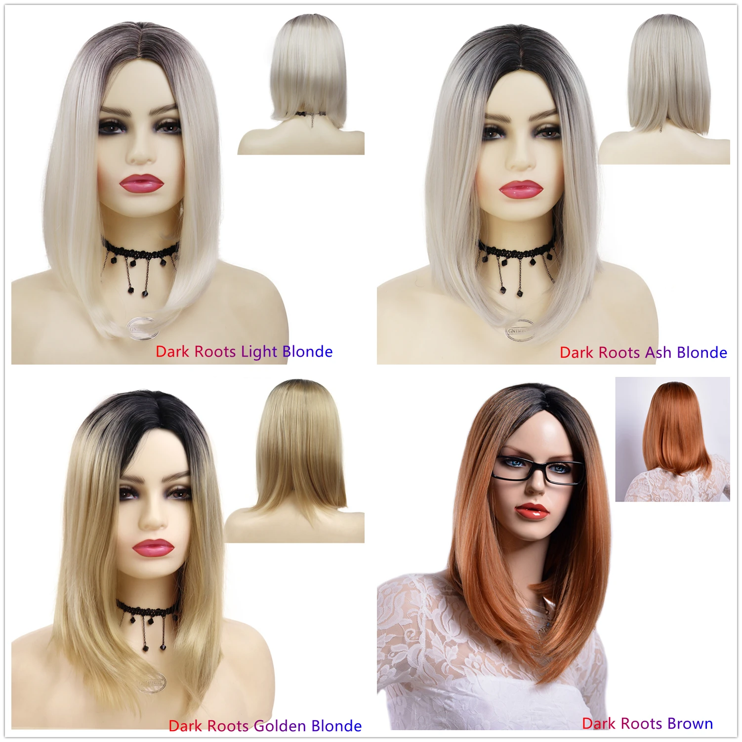 GNIMEGIL Synthetic Blonde Wig Bob Short Women Wigs Straight Hair Wig with Bangs Two Tones Sexy Hairstyle Dark Root Ombre Wigs