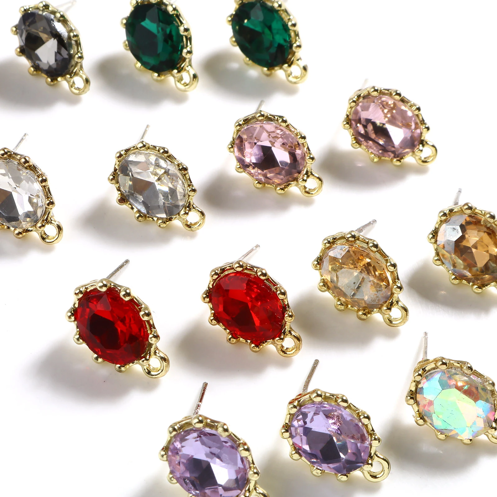 Multicolor Glass Ear Post Stud Earrings Findings Oval Gold Color W