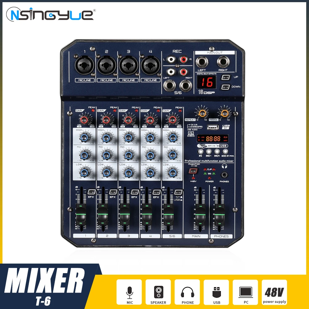 

T6 Audio Mixer 6 Channel Dj Mixing Console Sound Card With Monitor 16 Echo DSP 48V Phantom Power For PC Record Karaoke Party