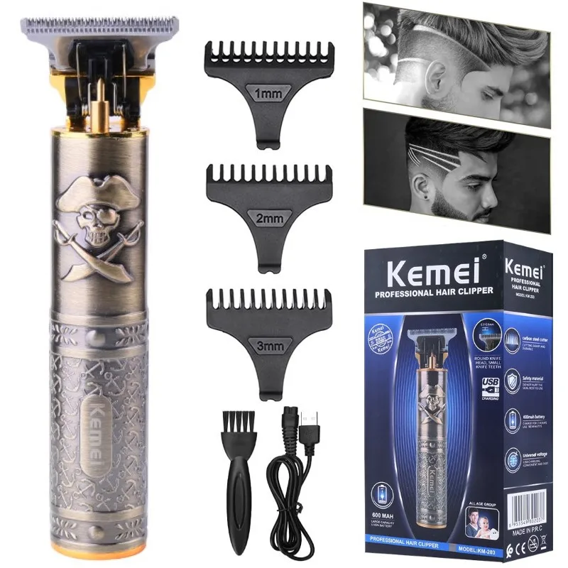 

Kemei KM-203 T9 Professional Hair Trimmer 0MM Electric Cordless Clipper Hairstar Metal Pirate Body Hair Beard Finishing Machine