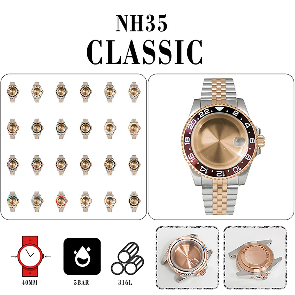 

PVD Rose Gold SUB Stainless Steel Case Strap Solid Bottom 40MM Sapphire Magnifying Glass for NH35/NH36 Movement