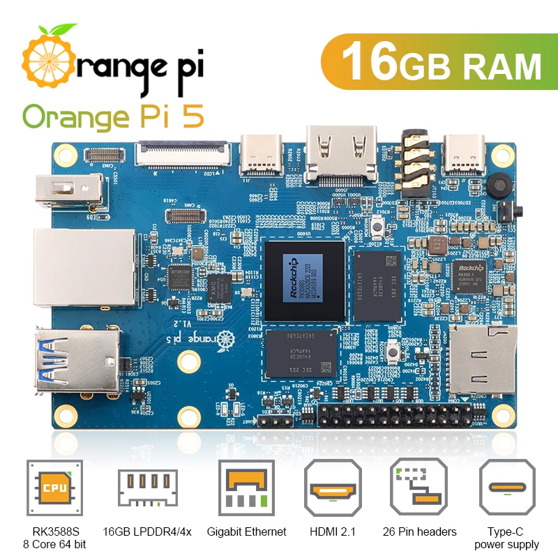 Orange Pi 5 16GB RK3588S, módulo PCIE externo WiFi + BT,SSD Gigabit Ethernet, Ordenador de placa única, funciona con sistema operativo Android Linux