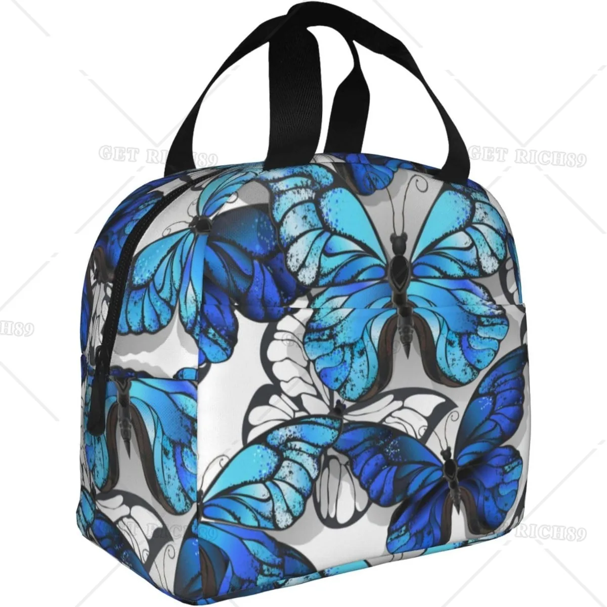 

Butterflies Blue Black Reusable Lunch Bag for Women Men, Cooler Reusable Lunch Box Waterproof Lunch Tote for Picnic Office Work