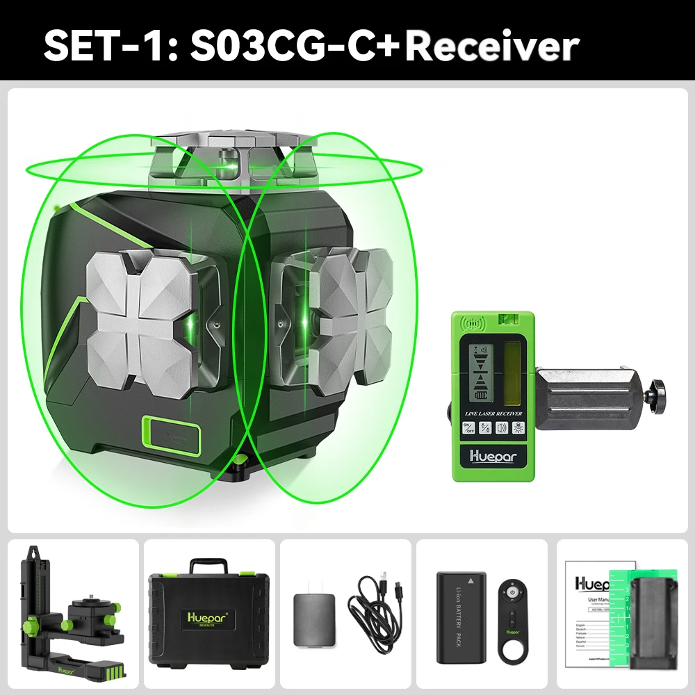 Niveau Laser Huepar 2x360 Vert Bluetooth Auto-nivelant 8 Lignes Croix Laser Outil avec Trépied et Mode D'impulsion, Batterie Li-ion Rechargeable, Télécommande