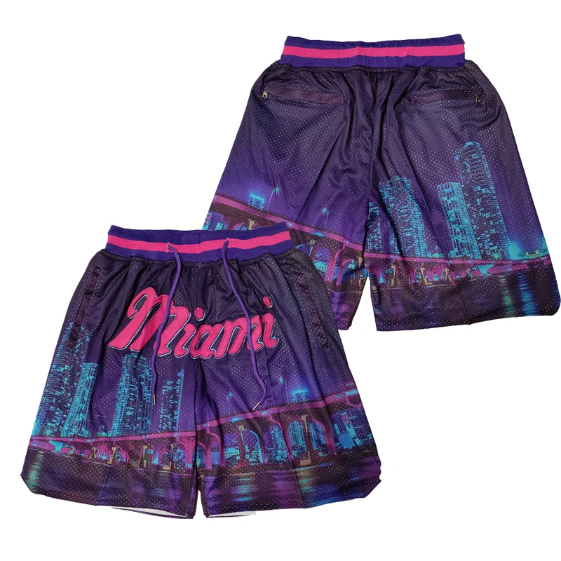 

Men Basketball Shorts Miami Night View Four pocket zippers Embroidery Outdoor Sport Shorts Beach Pants purple 2023 NEW