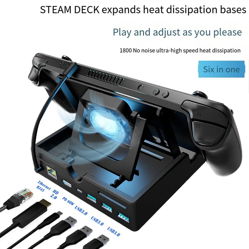 

Док-станция 6 в 1 для Steam Deck Dock Black ABS USB 3,0 HDMI совместимый 4K @ 60 Гц RJ45 Gigabit Ethernet PD100W Hub