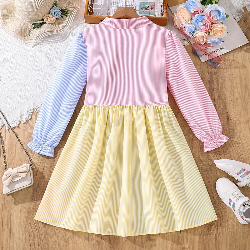 Shirt Dress for 8-12 Years Kids Multicolor Patchwork Puff Sleeves