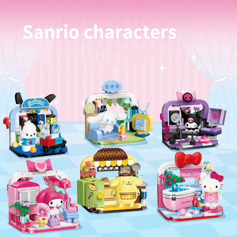 Keeppley 빌딩 블록 Sanrio 헬로 키티 마이 멜로디 Kuromi Pochacco 가족 가정 생활 시리즈 애니메이션 피규어 모델 아이 장난감 선물