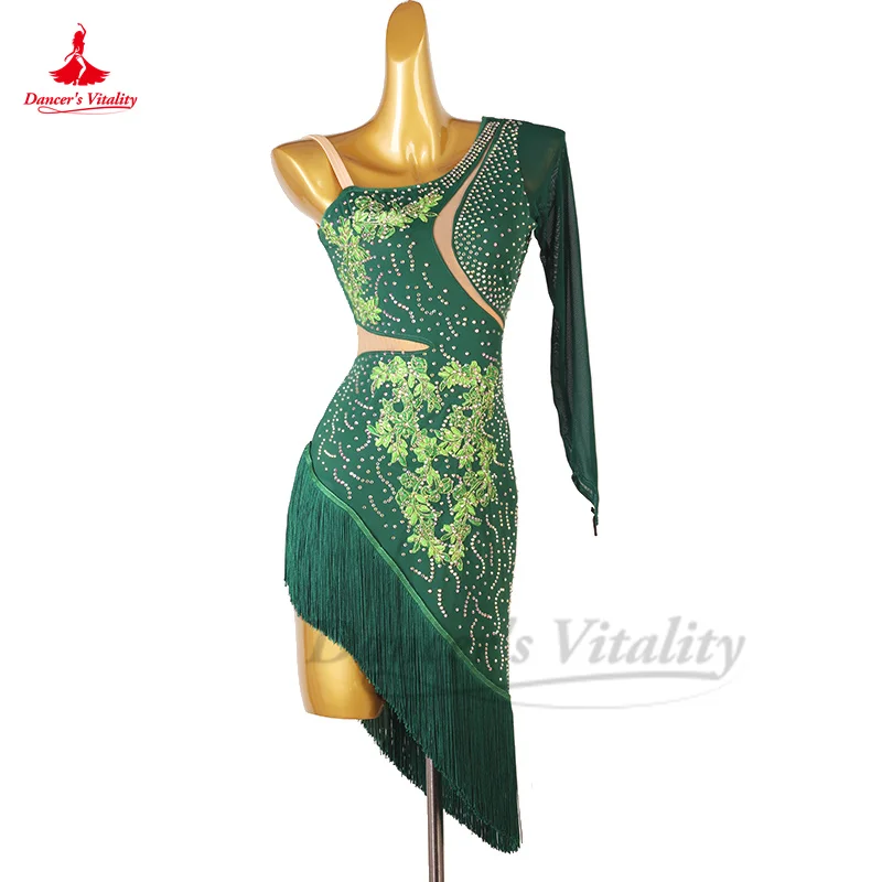 

Latin Dance Performance Dress Customsized for Women Children Single Sleeves Spandex Costume Chacha Tang Latin Dancing Dresses