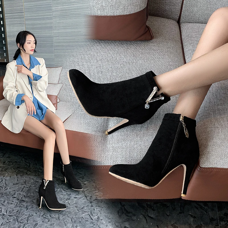 

2023 new autumn winter Women ankle boots plus size 22-29CM flock upper side zip modern boots high heel rhinestone short boots