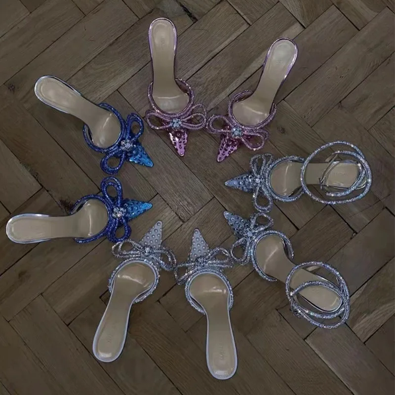 Foreign Trade Bow Knot Rhinestone High Heels, Shallow Mesh, Large Size, Thin Heel, Pointed Back, Empty Slippers for Women