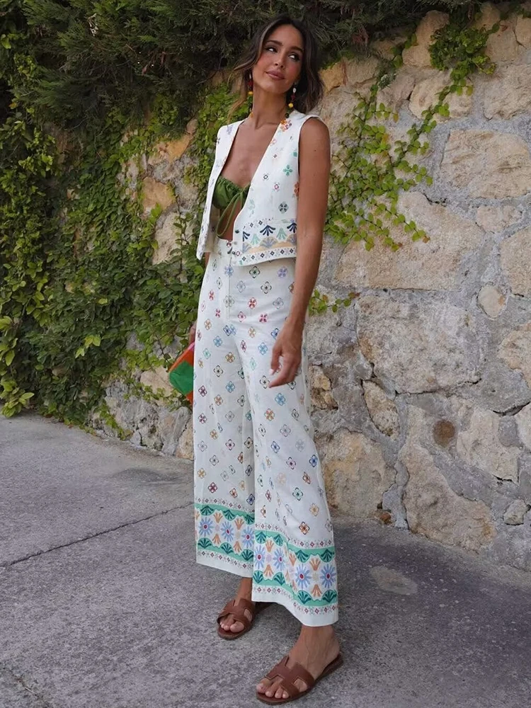 

Милый комплект из двух предметов в стиле бохо; Изящный комплект для девочек; Шикарный тонкий комплект; Винтажный женский комплект с цветочным принтом и льняными штанами; Коллекция 2023 года; Сезон лето; Модная женская одежда