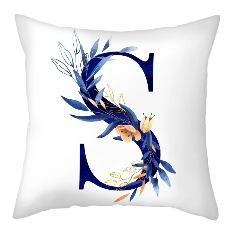 Simple Blue Leaf Alphabet Print Cushion Case 26 Letters Decoration Pillows Case Sofa Chair Livingroom Polyester Throw Pillowcase 