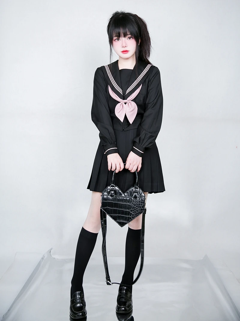 Japanese Preppy Style JK Uniform Suit Sailor Collar Bow Tie Back Lace-up Top High Waist Pleated Short Skirt Two-Piece Set Women